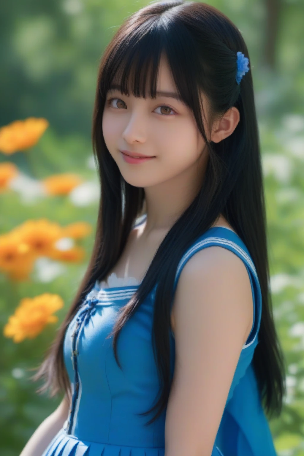 One girl,(RAW Photos, Highest quality), (Realistic, photo-Realistic:1.4), masterpiece, Very delicate and beautiful, Very detailed, 2k wallpaper, wonderful, In detail, Very detailed CG unity 8k wallpaper, Super detailed, High resolution, Hard Light, Beautiful detailed girl, Very detailed eyes and face, Beautifully detailed nose, Beautiful attention to detail,Cinema Lighting,Perfect Anatomy,
Flowers in the park,Lakeside,sunlight
(Wearing a seraph,Blue Skirt)
(Grin),Long Hair,With bangs, (Black Hair)HashimotoKanna
