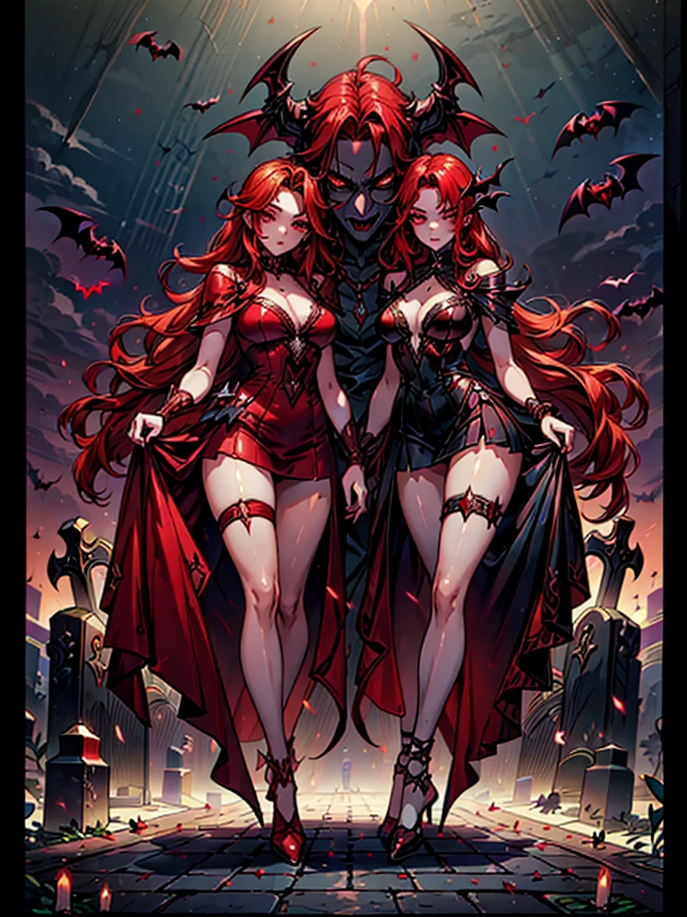 ((16-year-old))) black girl, (((light skin))), (((vampire))), (((New Orleans cemetary, early 20th century night time during mardi grad))), (((bats flying around))), dusk, (((close-up full body pose))), (((long wavy red hair))), high heel boots, (((wearing period clothing))), dark fantasy art, Rich, Deep Colours, (intricate details:0.9), (HDR, hyper-detailing:1.2), (natural skin textures, hyper realisitc, soft light, Sharp), sultry look, seductive,