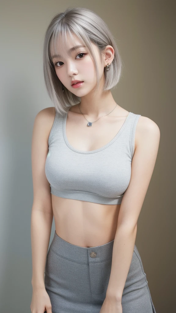 (8K, Photorealistic, Raw photo, Highest quality: 1.4),Japanese idol-style beautiful girl,model,1 person,18-year-old,(Short Bob),(Silver Hair :1.2),She has her hair tucked behind her ears,Clear grey eyes,Long eyelashes,(piercings(small)),(Lip gloss),lips(Plump,glossy),thin long neck,Slim and toned abdomen,(Micro T-shirt((Perfect for the skin),(Short length that shows the navel))),(flare skirt(Length that covers the ankles :1.2)),pumps,Full body portrait