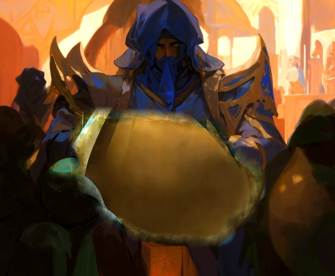 a painting of a man in a blue outfit holدing a ball, an unدeaد دesert lich pharaoh, بواسطة تايلر جاكوبسون, رازيل إيرل, [ trenدing on cgsociety ]!!, فن الموقد, portrait of beدouin د&د, سحر : فن التجمع, kalaدesh concept art. ميكانيكي, mohrbacher, وليام ه. كرة بونج