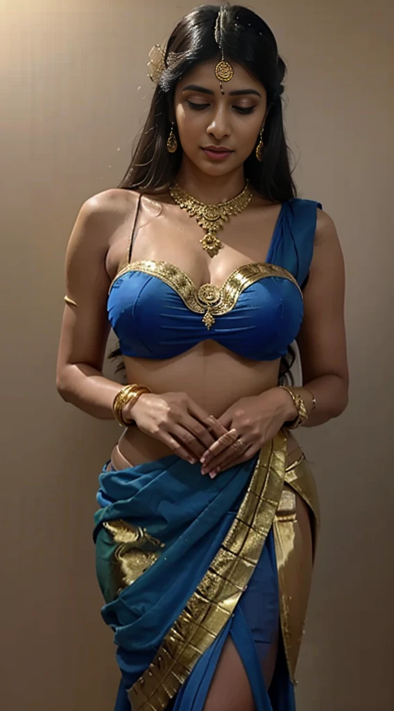 anusha in a blue sari and gold jewellery, wearing gold jewellery, wearing elegant jewellery, indian style, adorned with precious stones, indian goddess, intricate set, traditional beauty, photo of a hand jewellery model, blue jewellery, wearing jewellery, gold jewellery, golden jewellery, beautiful goddess, indian super model, heavy gold jewellery, intricate jewellery, ethereal beauty, stunning elegant pose