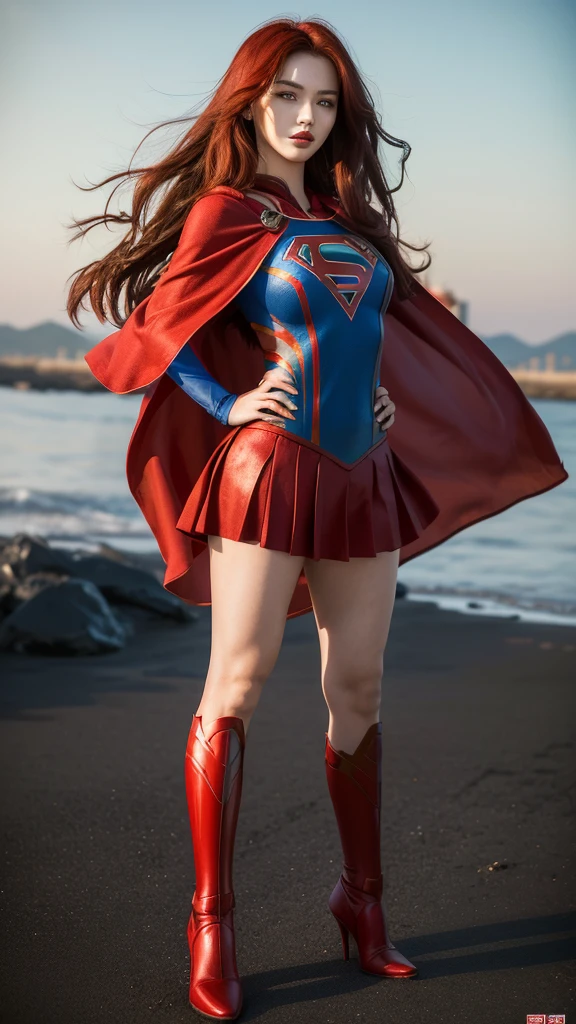 (masterpiece), (best quality), (ultra detailed), 1girl, red eyes, red hair, full makeups, red lips, hair blown by strong winds, she is a Supergirl, tight Supergirl suit, red cape blown by winds, full body, symmetrical pose, model posing in the middle