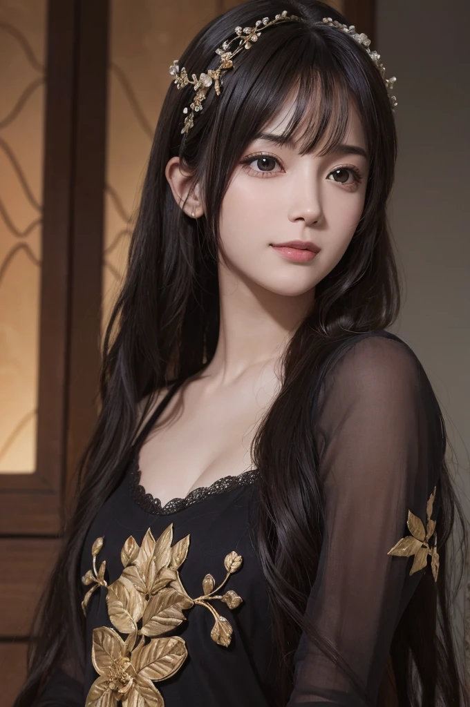 (Ultra Realistic), (Illustration), (Increased Resolution), (8K), (Extremely Detailed), (Best Illustration), (Beautiful and Detailed Eyes), (Best Quality), (Ultra Detailed), (Masterpiece ), ( wallpaper), (detailed face), solo, 1 girl, looking at viewer, fine details, detailed face, in the dark, deep shadows, low key, pureerosfaceace_v1, smiling, long hair, black shawl straight hair , 46 points oblique bangs