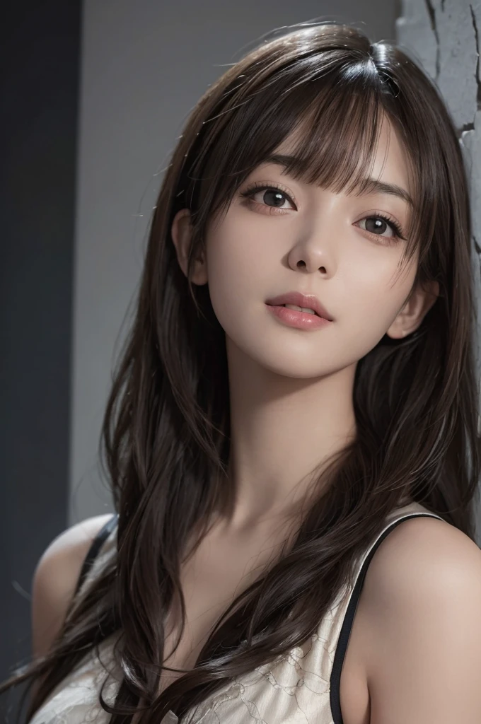 (Ultra Realistic), (Illustration), (Increased Resolution), (8K), (Extremely Detailed), (Best Illustration), (Beautiful and Detailed Eyes), (Best Quality), (Ultra Detailed), (Masterpiece ), ( wallpaper), (detailed face), solo, 1 girl, looking at viewer, fine details, detailed face, in the dark, deep shadows, low key, pureerosfaceace_v1, smiling, long hair, black shawl straight hair , 46 points oblique bangs