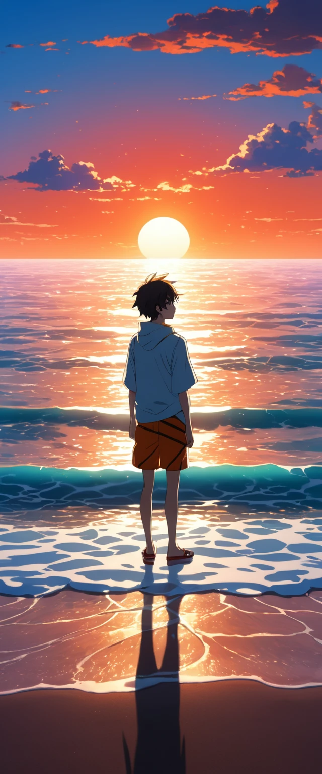 The image shows a young male anime character contemplating the ocean at sunrise, with a backdrop of a vibrant blue sky and red and orange hues from the sun. Fondo de pantalla de arte anime 4k, Fondo de pantalla de arte anime 4K, fondo animado, fondo de pantalla de arte anime 8 K, fondo animado art, Fondo De Pantalla De Paisaje De Anime, increíble fondo de pantalla, fondo de pantalla de alta definición, fondo de pantalla animado 4k, fondo de pantalla animado 4k, arte de Aries Moross,arte de Bob Byerley , AshleyWoodArtAI, greg rutkowsk