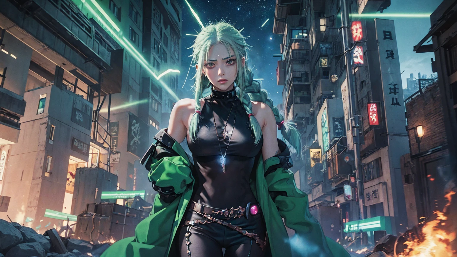 uma mulher com hair green e tatuagens, cyberpunk woman anime woman, pants, Beautiful angry cyberpunk goddess, cyberpunk artstyle, cyberpunk anime digital art, cyberpunk anime art, Arcane, portraite, cyberpunk anime art, cyberpunk themed art, cyberpunk dark fantasy, arcane style, 1 girl, stars tattoo on arm, asymmetrical bangs, bangss, hair green, green braids, brown shirt, stars tattoo, sideways, hair green, long hair, pink eyes, Red lips, standing , cloud tattoo, Twin braids. Arcane Jinx. Garota de hair green, garota de Twin braids, a girl in a burning place, spark, spheres of light, Film Poster, Arcane\(league of legends\, 1 girl, stars tattoo on arm, asymmetrical bangs, bangss, hair green, green braids, brown shirt, stars tattoo, sideways, hair green, girl with twin braids and green color 