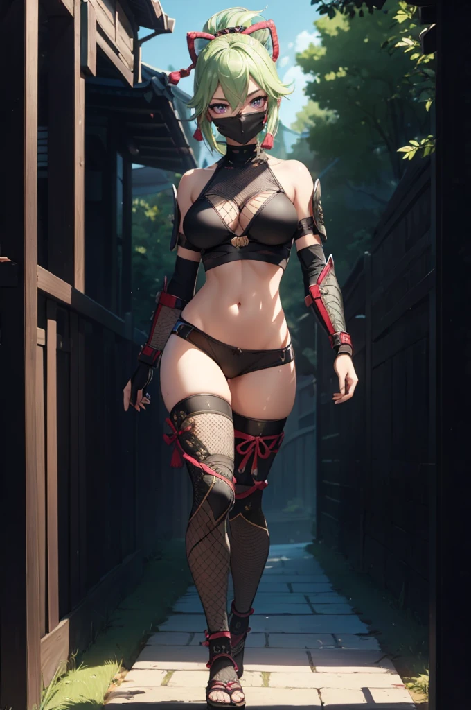 ((1girl, solo)), (((cowboy shot))), (legs apart:1.5), (large breasts:1.5), beautiful body, (perfect anatomy, perfect body, perfect hands, perfect legs), natural proportions, sexy body, (full body, full-body shot, full body front:1.5) BREAK
((extremely detailed face)), (beautiful detailed eyes:1.6), (realistic pupils, realistic iris:1), expressive eyes, looking at viewer, (clear eyes:1.3), (hyperrealistic:1.2), (detailed skin texture:1.2), smooth skin, kuki shinobu, purple eyes, green hair, ((mouth mask)), ninja mask, perfect face, perfect eyes BREAK
ninja, (fishnet top:1.5), (crop top:1.5), cleavage, bare shoulder, elbow gloves, (arm guard:1.5), partially fingerless gloves, midriff, black panties, ((black thighhighs)), (((greaves))), sandals, (revealing clothes:1.5), (samurai armor:1.5), thighs, ass visible through thighs, tassel, shimenawa, skindentation BREAK
outdoor, (day:1.5), (rural japanese:1.3), east asian architecture BREAK
(masterpiece:1.5), anime-style, top quality, best quality, (beautiful and aesthetic:1.2), (ultra detail:1.5), Ultra-detailed depiction, Ultra-precise depiction, extremely detailed 8k illustration, high resolution, (highly detailed shading:1.2), (realistic lighting:1.4), perfect lighting, vibrant colors, dynamic tones, striking hues, 8k, absurd resolution, perfect shadows, hdr, UHD, ambient lighting, realistic, ultra-realistic, photo realistic, highly detailed, rich detail, luminous colors, fine texture, intricate design, professional illustration, (soft light:1.2), (illustration:0.7)