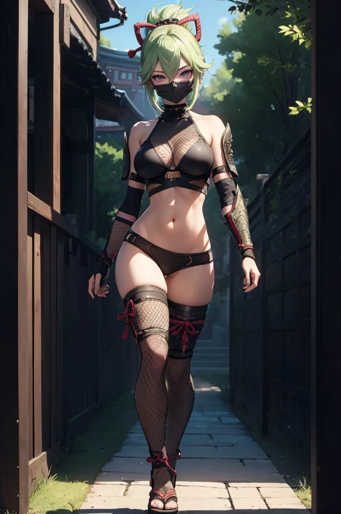 ((1girl, solo)), (((cowboy shot))), (legs apart:1.5), confident stand, standing, beautiful body, (perfect anatomy, perfect body, perfect hands, perfect legs), natural proportions, sexy body, large breasts, (full body, full-body shot, full body front:1.5) BREAK
((extremely detailed face)), (beautiful detailed eyes:1.6), (realistic pupils, realistic iris:1), expressive eyes, looking at viewer, (clear eyes:1.3), (hyperrealistic:1.2), (detailed skin texture:1.2), smooth skin, kuki shinobu, purple eyes, green hair, ((mouth mask)), perfect face, perfect eyes BREAK
ninja, (fishnet top:1.5), (crop top:1.5), cleavage, (cropped jacket:1.5), (shoulder armor:1.5), (arm guard:1.5), partially fingerless gloves, midriff, short shorts, black shorts, ((black thighhighs)), (((greaves))), sandals, (revealing clothes:1.5), (japanese armor:1.5), (samurai armor), (highleg panty straps:1.4), tassel BREAK
outdoor, day, japanese building, east asian architecture BREAK
(masterpiece:1.5), anime-style, top quality, best quality, (beautiful and aesthetic:1.2), (ultra detail:1.5), Ultra-detailed depiction, Ultra-precise depiction, extremely detailed 8k illustration, high resolution, (highly detailed shading:1.2), (realistic lighting:1.4), perfect lighting, vibrant colors, dynamic tones, striking hues, 8k, absurd resolution, perfect shadows, hdr, UHD, ambient lighting, realistic, ultra-realistic, photo realistic, highly detailed, rich detail, luminous colors, fine texture, intricate design, professional illustration, (soft light:1.2), (illustration:0.7)