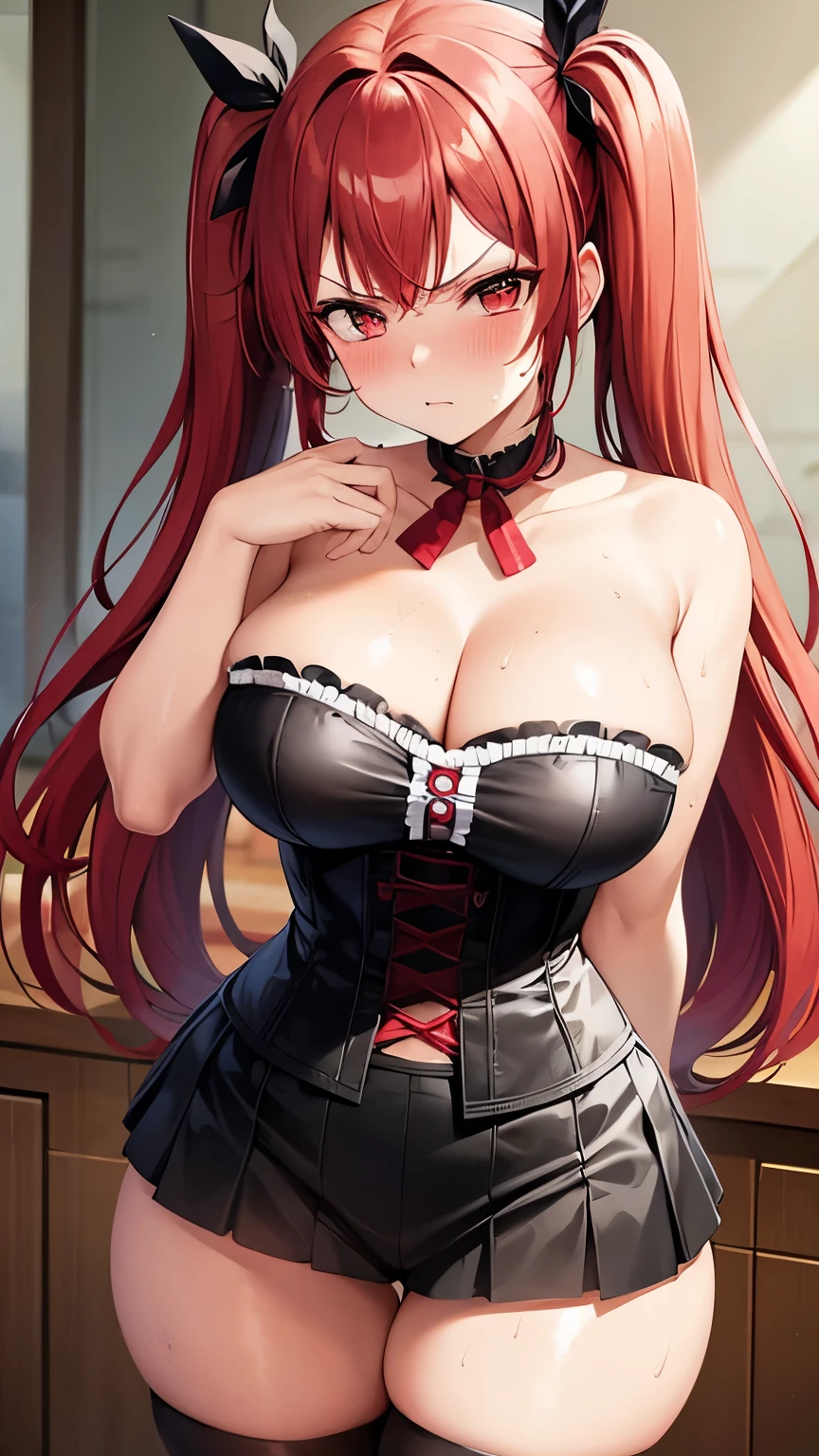 woman,Red hair,Twin tails,Angry face,blush,Big Breasts,Thick thighs,Black corset,Panties,Cleavage,Sweaty