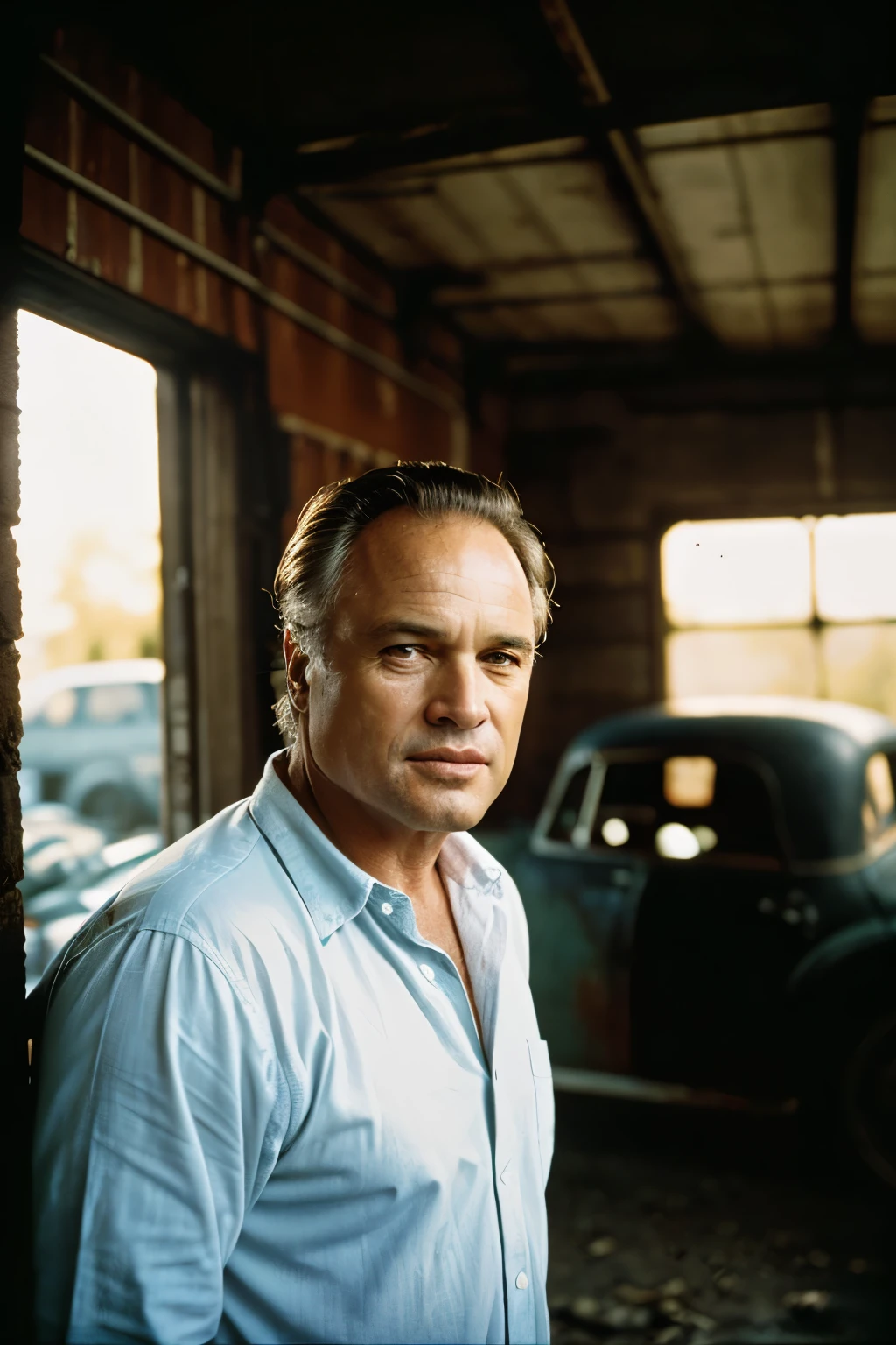 (Analog photos:1.2),((Amateur photos:1.3,Artistic retouching,90s Flash Photos, Analog Photo),
Close up portrait of Marlon Brando wearing casual clothing, Standing next to an old rusty car in a garage
(16mm lens low wide angle,(Fisheye:0.8)),(motion), ,(Texture), Fuji Superia X-Tra 400),(at midnight, high quality, Film Grain), (Natural Colors, Correct white balance, Color Correction, ten,clear)