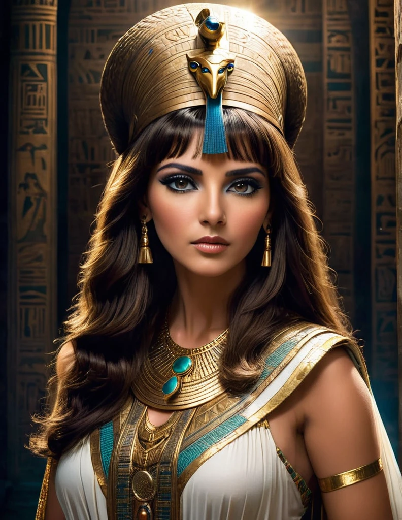 Cleopatra in her craft and her long light brown hair , 35 years of experience. His keen focus and intense gaze forward seem to pierce through the darkness of ancient Egypt, Revealing Hidden Truths and Mysteries. The intricate details of their traditional robes are reproduced in stunning detail, while cinematic lighting adds a touch of drama to the scene. Esta imagem sobrenatural, Captured in 8K resolution, will leave you in awe of its beauty and depth elle a un maternelle 