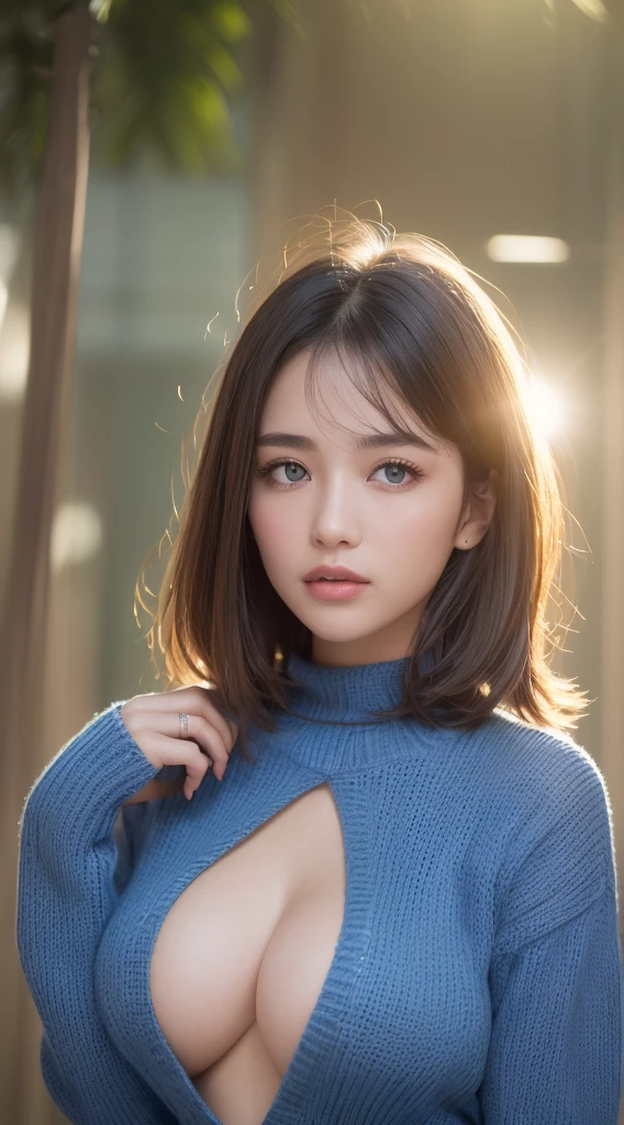 ((Highest quality、Best image quality、Ultra-high resolution、Ultra-high resolutionで描かれた、alone、Look closely at the camera、Light-colored eyes))、1 Girl、Realistic、Depth of written border、Natural soft light、Daytime、Charm、Beautiful Face、Cleanliness、Pure Face、White skin、cute、short hair、Beach、Light of the sun、Nadium Chest、Esbian all over、((Light dark blue sweater、Gold is better than beauty、Very beautiful big、Beautiful and very large breasts、Open your chest、Show to the audience、Expose your hips、Expose'shoulder、She is leaning forward to show her breasts.))、Long neck、Listen carefully、Beautiful short bob hairstyle with bangs、とてもsmile、Perfect Fingers、Perfect hands、Perfect body、Perfect Face、Shine a light into your eyes、Perfect Anatomy、Tall Supermodels、Long-legged supermodel、Supermodel with a Long neck、広いshoulder、Arms hang down at sides、stand、Bust seen from slightly above、Bright windowsill background、smile at the audience、Laughter、smile、Today is very big、Beautiful Teeth、Beautiful Teeth alignment、Open your chest wide、Beautiful décolletage、Very beautiful sexy woman in revealing clothes、Focus on the audience、Look up at the viewer slightly above、Look up a little、Shadow Fade,camisole,