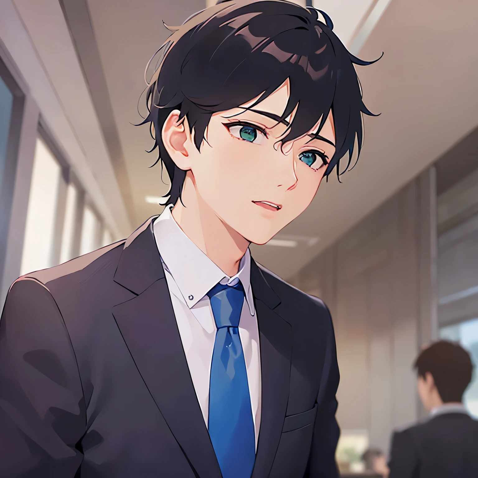 (looking away:1.5)、masterpiece、Highest quality、(25-year-old male:1.5) and (Brown short hair) and (Green Eyes), (Wearing a suit:1.3) and (Blue tie)、
surprised、The background is the office lobby.、(Alone:1.5),open mouth