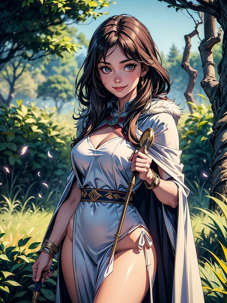 Masterpiece, 1girl, anone, smile, A powerful shaman stands in a clearing, surrounded by the spirits of nature. She wears a cloak of feathers and fur. Next to her a staff adorned with bones and crystals , sultry look, seductive,