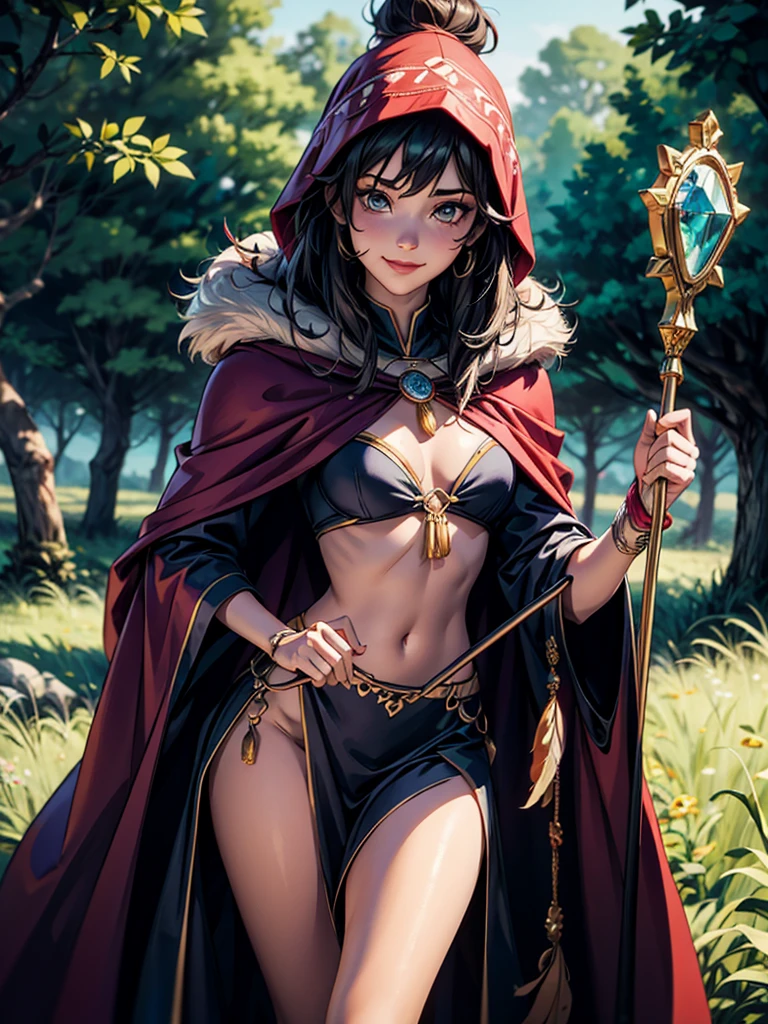 Masterpiece, 1girl, anone, smile, A powerful shaman stands in a clearing, surrounded by the spirits of nature. She wears a cloak of feathers and fur. Next to her a staff adorned with bones and crystals , sultry look, seductive,
