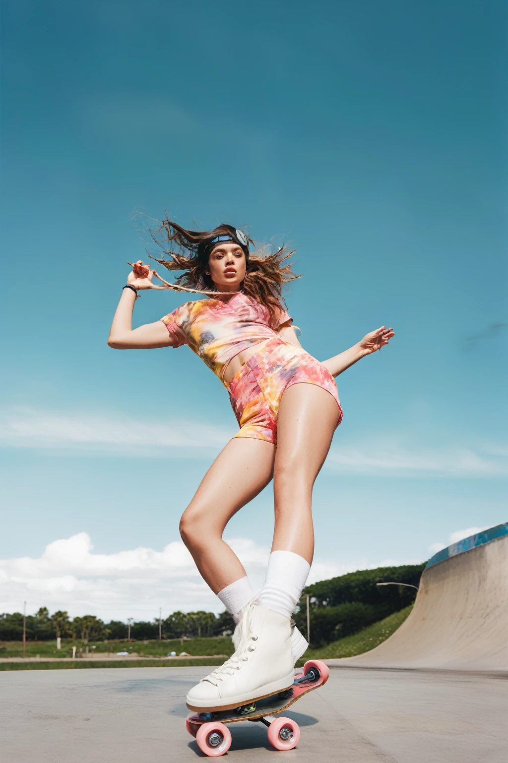 there is a woman riding a skateboard on a ramp, athletic fashion photography, fashion editorial photography, editorial fashion photography, modeling photography, inspired by David LaChapelle, fashion shoot 8k, alana fletcher, editorial photography, by Wayne England, fashion shoot, psychedelic swimsuit, slow motion fashion, 4k fashion shoot, asuka as a surfer model, photoshoot