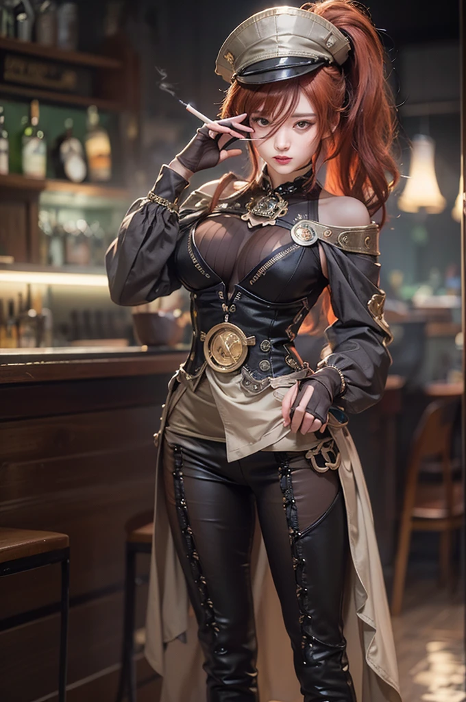 (masterpiece:1.3), (8K, Realistic, RAW Photos, Best image quality: 1.4)、 age,(Random Hairstyles:1.2)、Cleavage:1.2、Highly detailed face、Attention to detail、double eyelid、Chest to chest、Sharp focus:1.2、Beautiful woman:1.4、Redhead、Highest quality、masterpiece、Ultra-high resolution、(Realistic:1.4)、Highly detailed and professionally lit smiles、Loose fitting steampunk outfit、Shoulder out、thin、Serious expression、Smoking a long cigarette in a dark bar