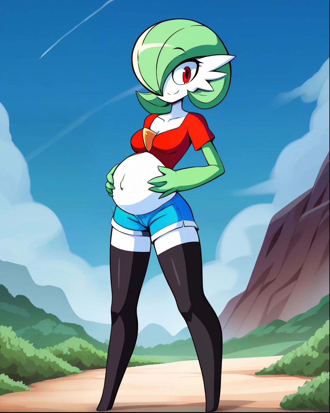 score_9, score_8_up, 1girl, gardevoir, happy, full body, outdoors, human proportions, looking at viewer, by diives, pregnant, pregnancy, shy smile, rubor, mirada tranquila, tranquila, manos en la cadera, hands on belly, senos, senos femeninos, senos grandes, big , lago, fondo de lago, en un lago, short, blusa, blusa roja, ropa ajustada, ropa corta. Blue shorts, red blouse.