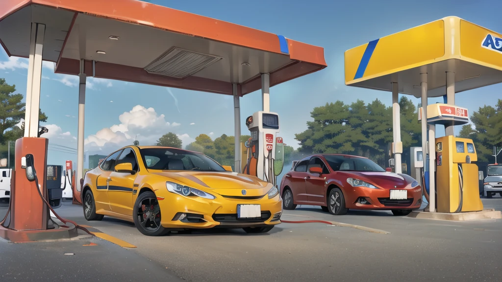 (gas station:1.5),road ,(รถวิ่งบนนroad:1.6) capital landscape:1.5 ,(Many cars:1.5)