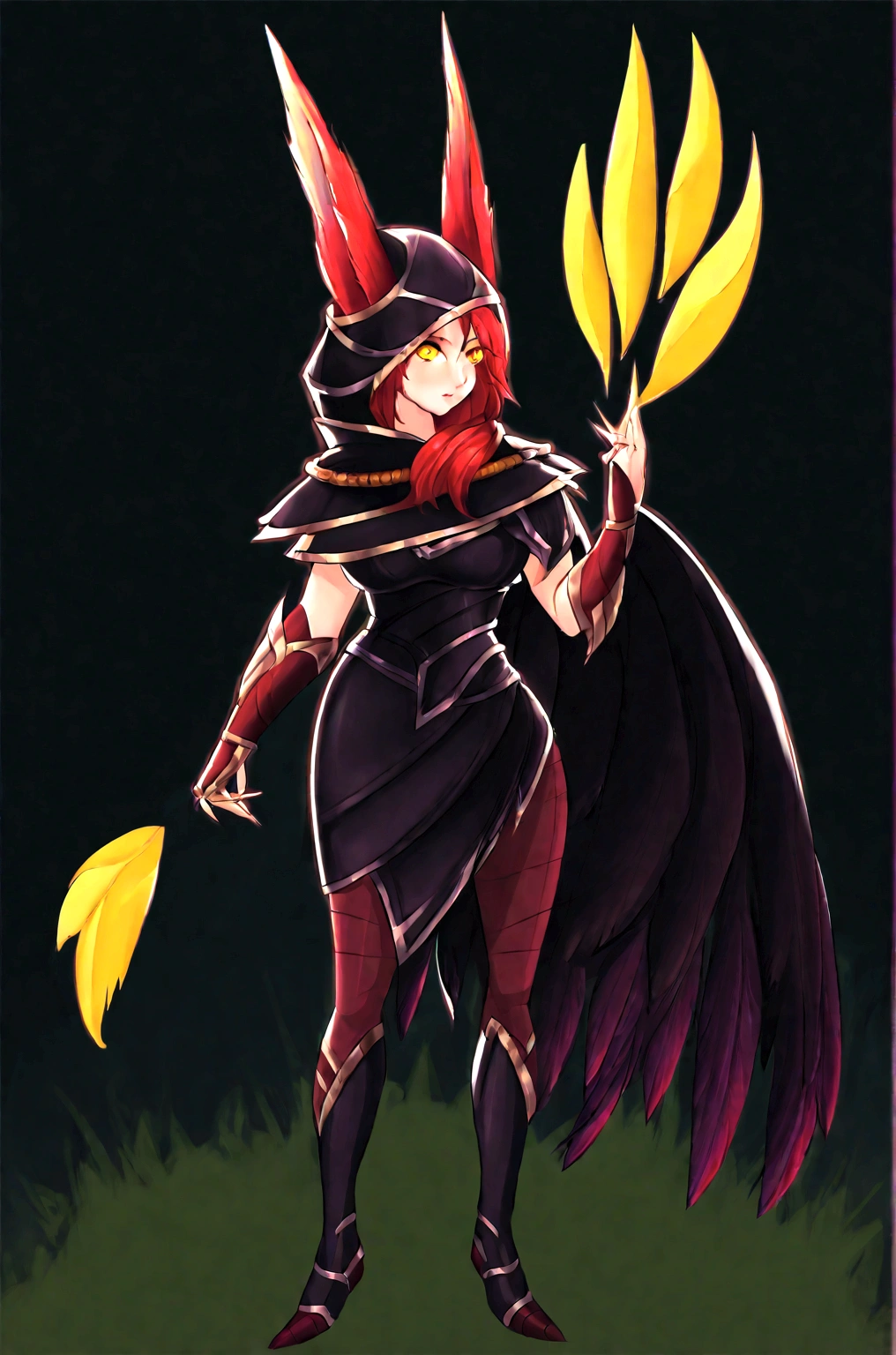 standing full body league of legends style, forest background at sunrise, vastaya black dress, brown cape with hood, long-haired redhead girl with red feathered ears and sharp yellow eyes, black background with yellow squares, neckline, woman with breasts, big breasts.