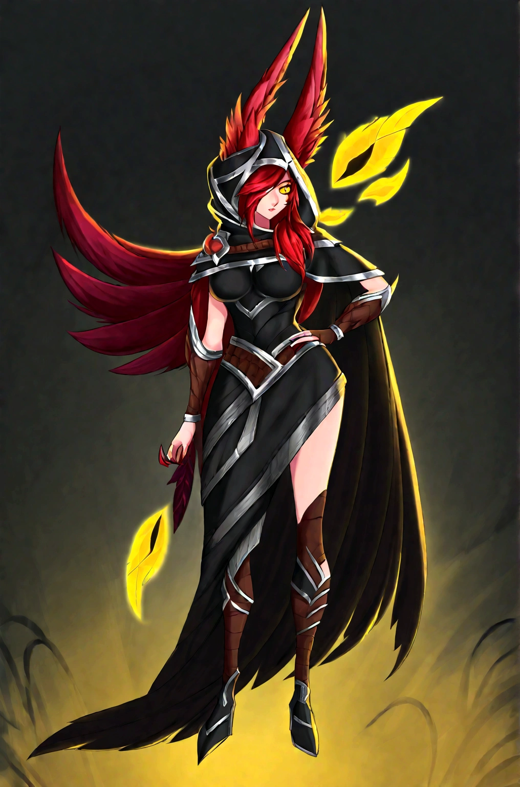 standing full body league of legends style, forest background at sunrise, vastaya black dress, brown cape with hood, long-haired redhead girl with red feathered ears and sharp yellow eyes, black background with yellow squares, neckline, woman with breasts, big breasts.