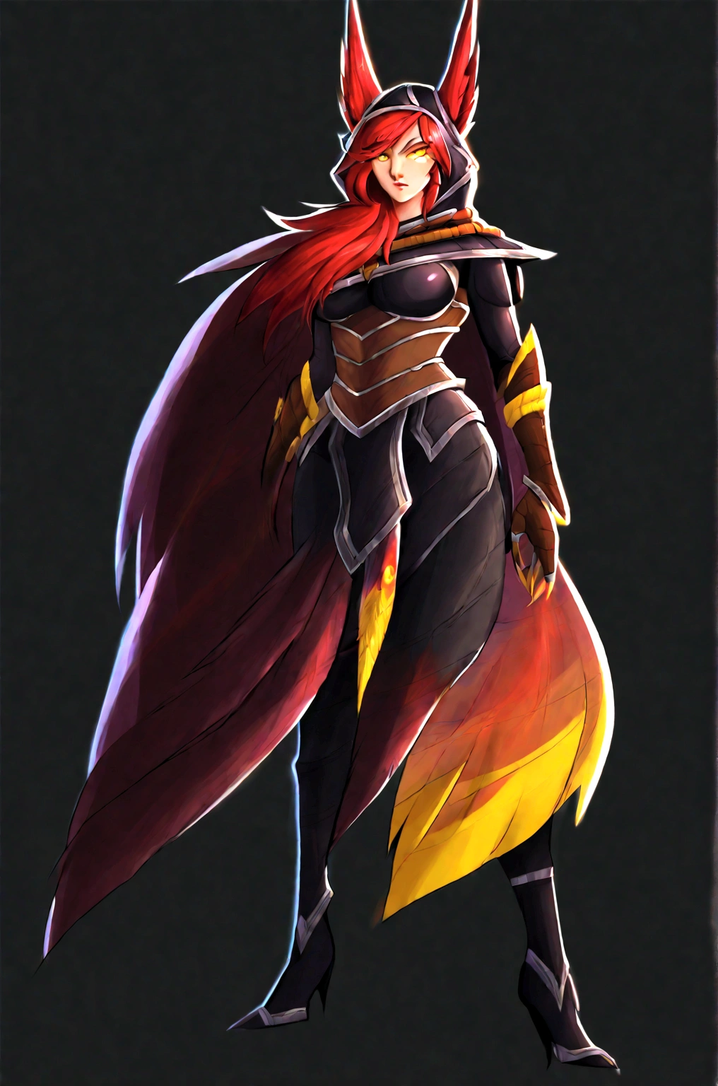 standing full body league of legends style, forest background at sunrise, vastaya black dress, brown cape with hood, long-haired redhead girl with red feathered ears and sharp yellow eyes, black background with yellow squares, neckline, woman with breasts, big breasts.