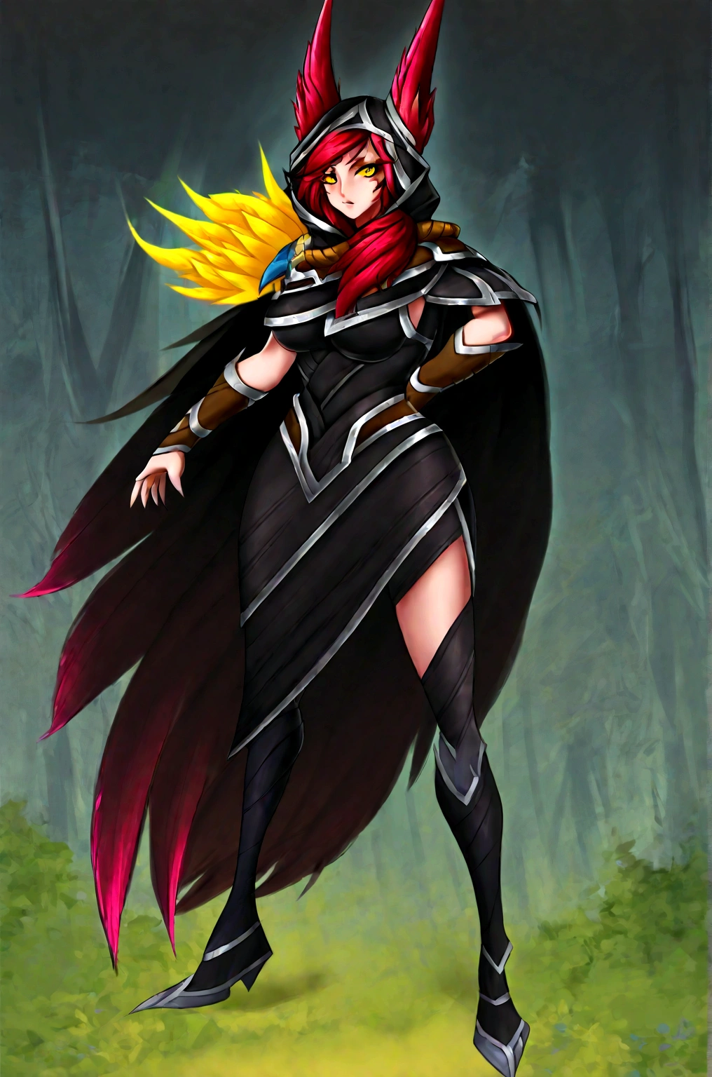 standing full body league of legends style, forest background at sunrise, vastaya black dress, brown cape with hood, long-haired redhead girl with red feathered ears and sharp yellow eyes, black background with yellow squares, neckline, woman with breasts, big breasts.