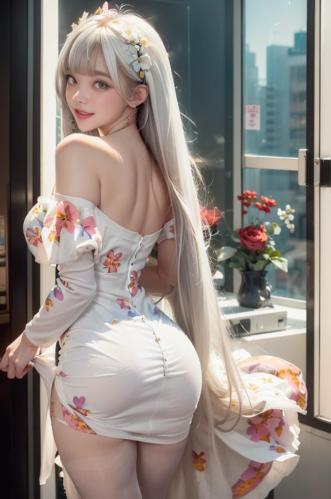 ((Girl Standing In Office)）,(((Rear view))）、 Silver hair, Bangs, Blunt bangs, Long straight hair, aqua eyes, longeyelashes, Solid Circle Eyes, makeup, Open mouth, blush, Parted lips, Bright pupils, smiley, Seductive smile, glint, surrealism, Modern、Black pantyhose、high-heels、（(Pure white dress、Floral dress、、off shoulders、: 1.6)）、Skyscrapers are hazy in the windowix４、