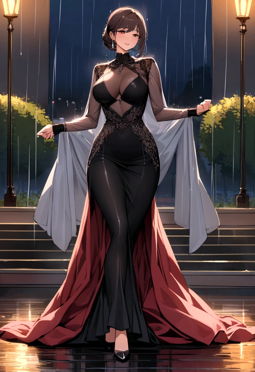 beautiful milf dancing in the rain at night park, fully clothed, luxury high-neck dress, full body shot