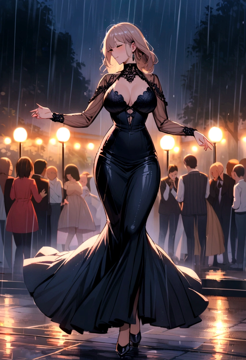 beautiful milf dancing in the rain at night park, fully clothed, luxury high-neck dress, full body shot