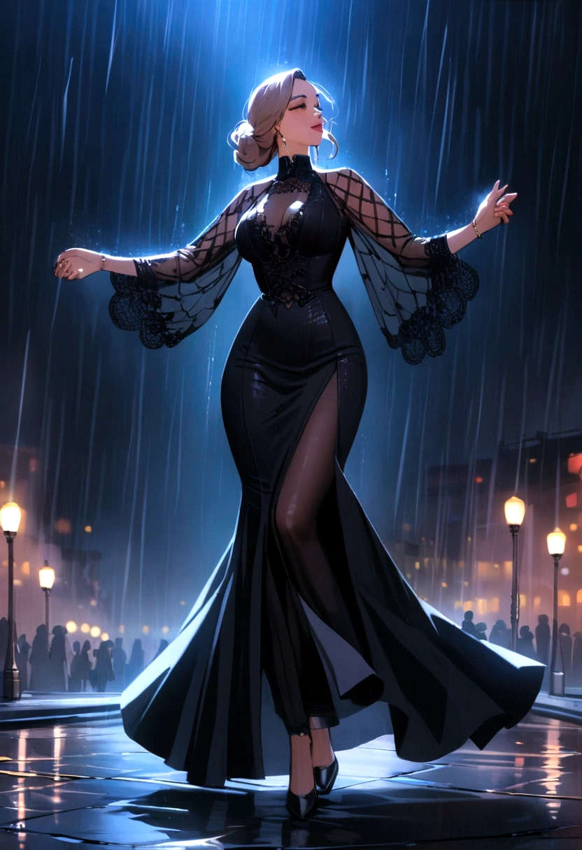 beautiful milf dancing in the rain at night park, fully clothed, luxury high-neck dress, full body shot