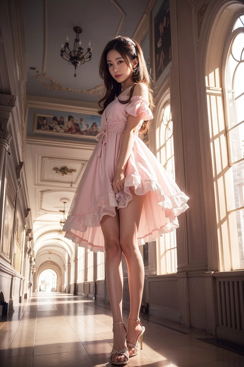 Beautiful Japanese Waifu, early 30s, brunette hair, pink dress, glod high heels, in palace hallway