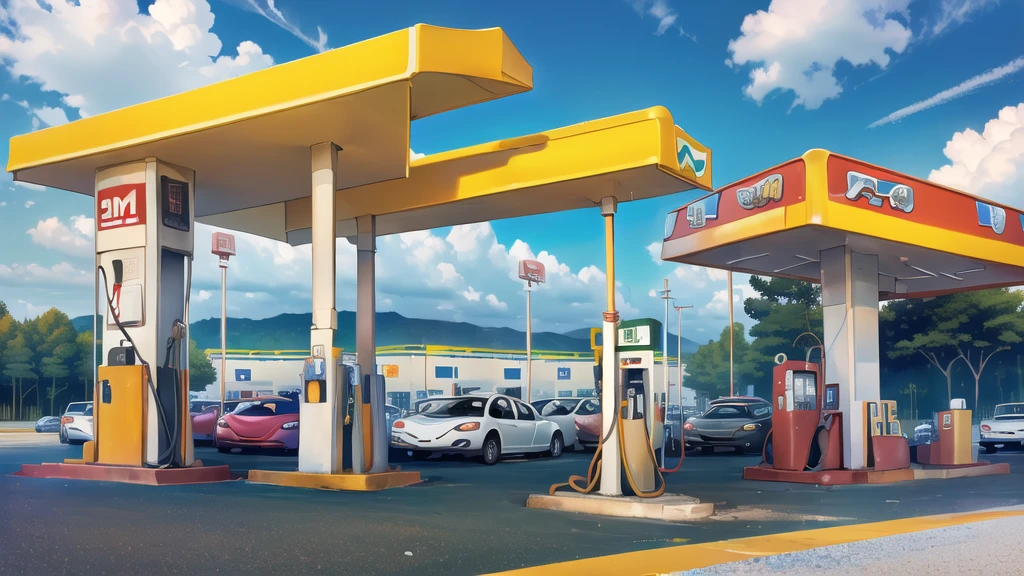 (gas station:1.5),road ,(รถวิ่งบนนroad:1.6) capital landscape:1.5 ,(Many cars:1.5)