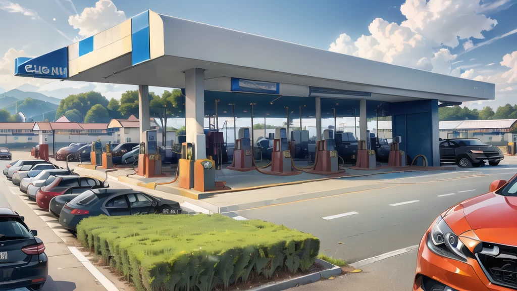 (gas station:1.5),road ,(รถวิ่งบนนroad:1.6) capital landscape:1.5 ,(Many cars:1.5)