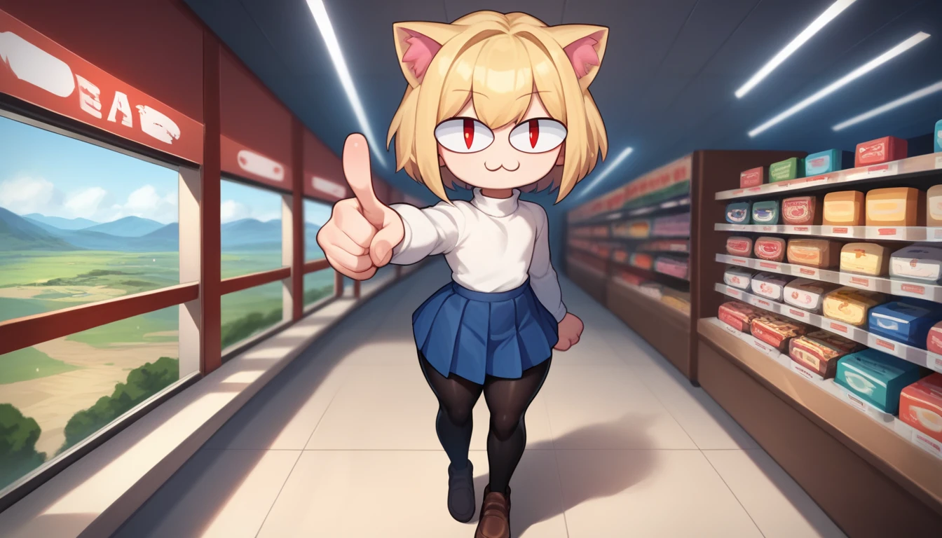 score_9, score_8_up, score_7_up, score_6_up, score_5_up, score_4_up, BREAK, 1boy, solo, necoarc, lit pupils, cat ears, blonde hair, red eyes, :3, turtleneck, blue skirt, pleated skirt, pantyhose, brown footwear, femboy, highlight thighs, landscape, pov, thick thighs, seductive pose, inside a store, with a gun in his hand, pointing at the viewer 