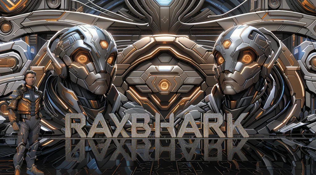 there is a man standing in front of a giant metal sign, barclay shaw 8 k photorealistic, ray swanland, metal album cover, metal album cover art, raypunk, sylvain sarrailh and igor morski, rendered in keyshot, inspired by Barclay Shaw, album art, devianart and cgsociety, by Wayne Reynolds, iray shaders