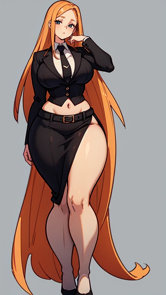 blank background, (((full body))), (masterpiece), ((best quality)), ((tall girl)), straight hair (curvy:1.7), (short skirt), shoes, belt below navel, ginger hair,, (black suit and tie), wide hips