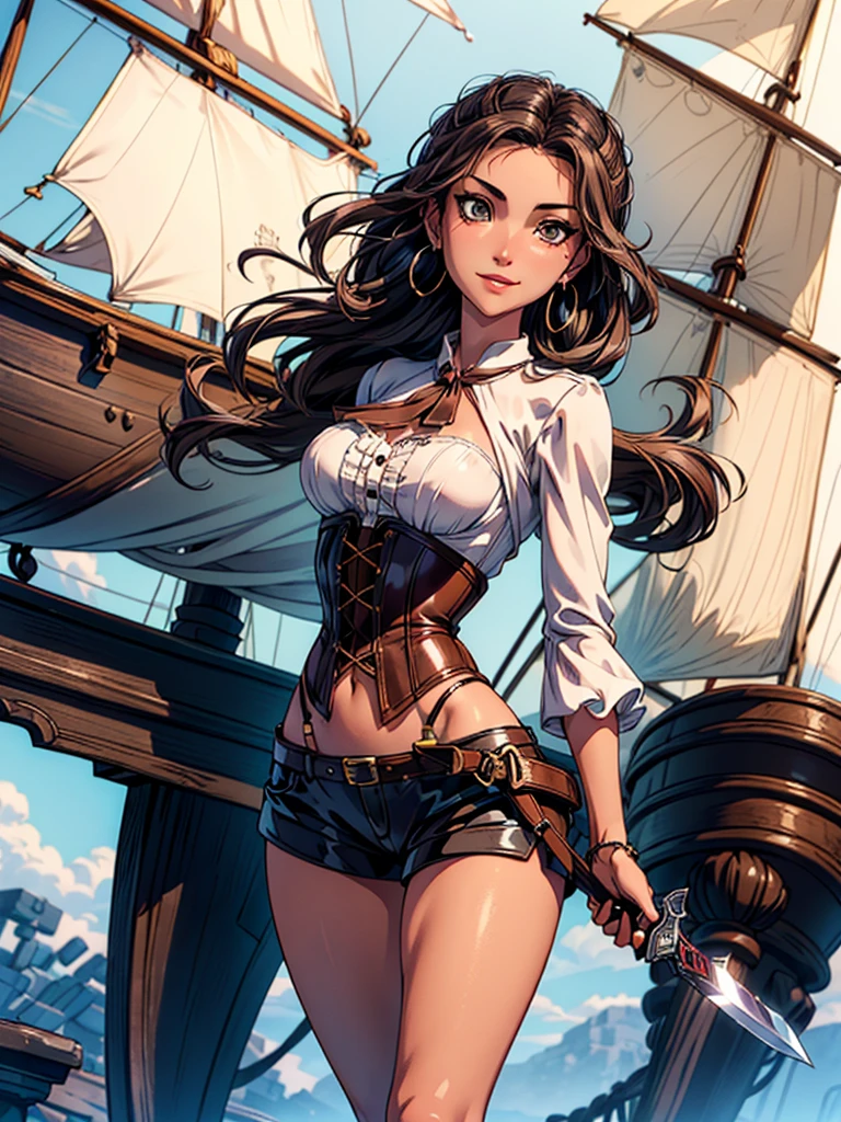 (masterpiece), best quality, expressive eyes, perfect face, (pirate ship background), (standing), (smirk, slutty expression, arroused), (closeup view), (1girl, vanessa alessia, dark skin, tanned skin, brown hair, wavy hairstyle, brown eyes, hourglass figure, thin body, skinny body, petite_body, medium breasts, thick thighs, long fingernails,, white front lace blouse, long sleeve, loose fit, brown leather corset, brown leather shorts, brown boots, sheathed cutlass sword, flintlock pistol in holster, hoop earrings, miscellaneous jewelry), porn star, (girl removing her clothing), sultry look, seductive,
