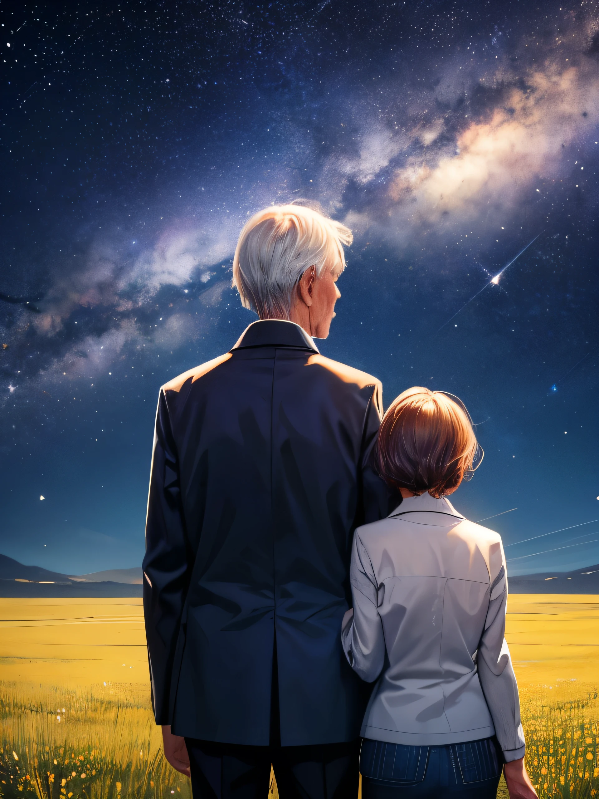 80-year-old man and woman, Gazing at the sky, Starry Sky, shooting star, grassland, Back view, Holding each other's shoulders,