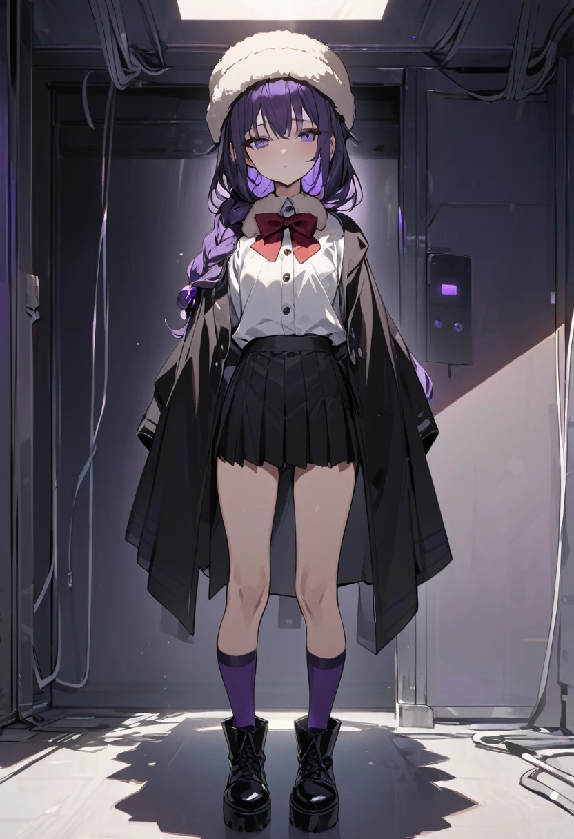 masterpiece, best quality, young woman, dark purple hair, very long single braid, bright purple eyes, white collared shirt, furisode sleeves, thin red bow tie with a diamond-shaped pin on the front of the bow under the collar, black high-waisted pleated skirt, dark purple high socks, white ear flap ushanka hat, long black cloak with three light brown buttons and a light brown fur collar, black ankle boots, emotionless, calm, expressionless, dark room with a little bit of blue and purple light, wires hang haphazardly, dark room
