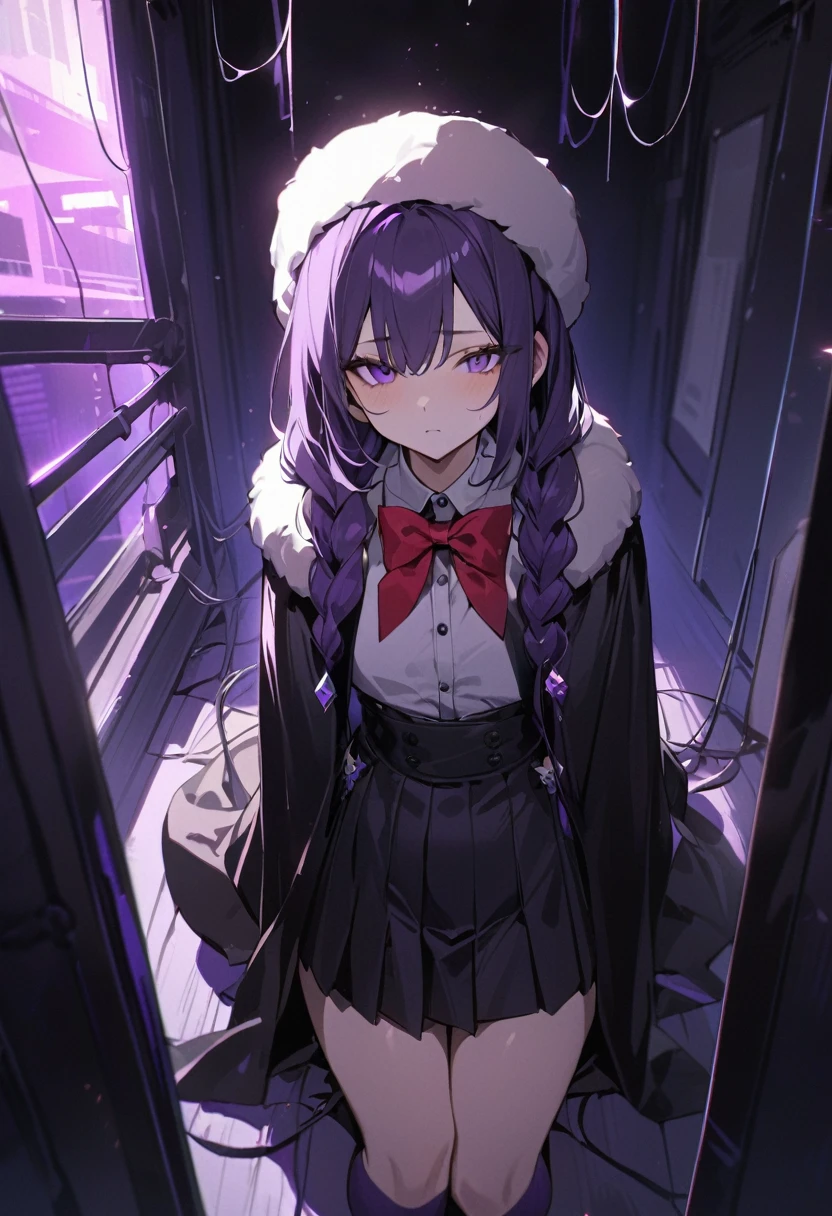 masterpiece, best quality, young woman, dark purple hair, very long single braid, bright purple eyes, white collared shirt, furisode sleeves, thin red bow tie with a diamond-shaped pin on the front of the bow under the collar, black high-waisted pleated skirt, dark purple high socks, white ear flap ushanka hat, long black cloak with three light brown buttons and a light brown fur collar, black ankle boots, emotionless, calm, expressionless, dark room with a little bit of blue and purple light, wires hang haphazardly, dark room