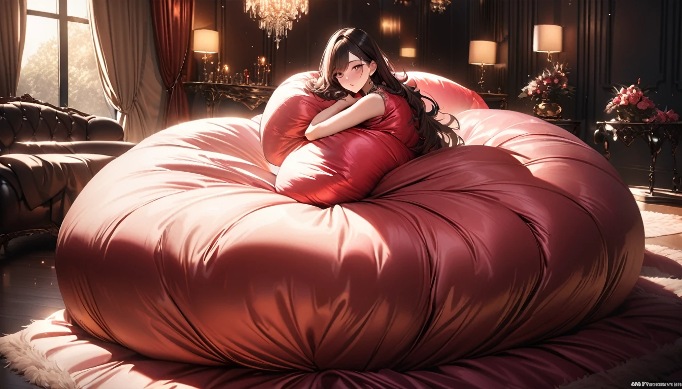 A fluffy red silk feather duvet, many huge silk body pillows, a luxurious and fluffy red silk bed, red silk sheets, 8k, best quality, high detailed, photorealistic, dramatic lighting, warm tones, luxurious, soft, plush, velvet, satin, velvety textures, elegant, sophisticated, premium, lavish, opulent, sumptuous, indulgent, exquisite, refined, lush, 