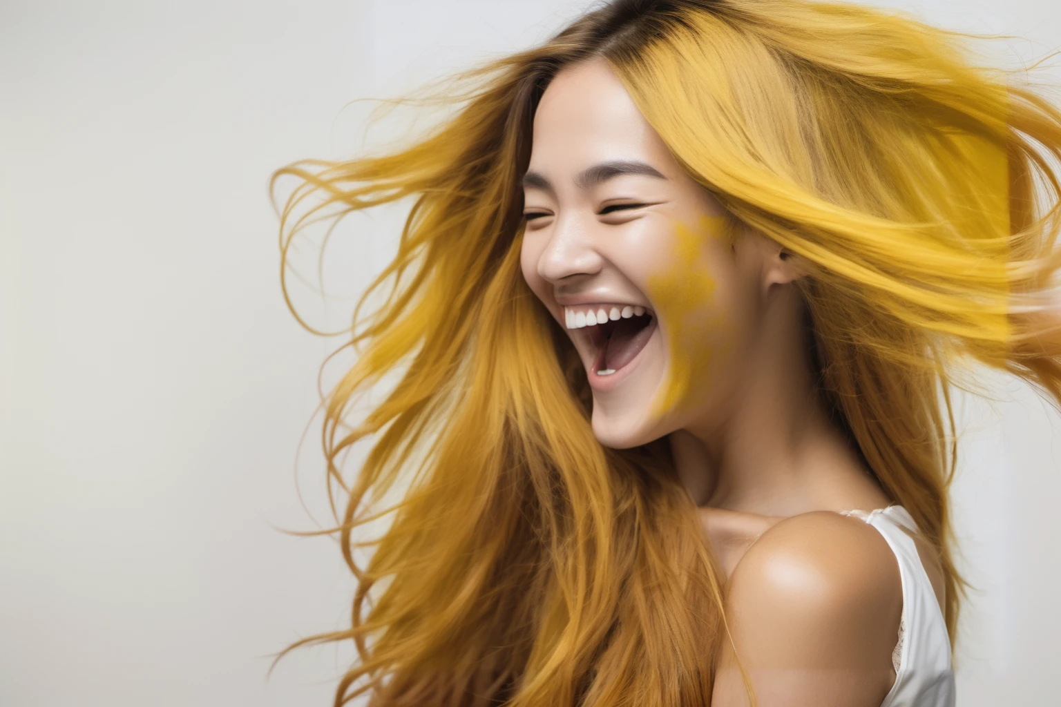 a woman laughs cheerfully with long hair dyed yellow, white background, photo from the side