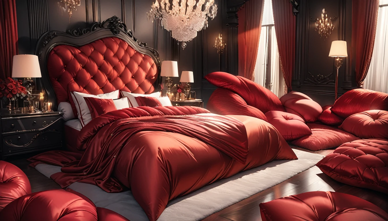 A fluffy red silk feather duvet, many huge silk body pillows, a luxurious and fluffy red silk bed, red silk sheets, 8k, best quality, high detailed, photorealistic, dramatic lighting, warm tones, luxurious, soft, plush, velvet, satin, velvety textures, elegant, sophisticated, premium, lavish, opulent, sumptuous, indulgent, exquisite, refined, lush, 