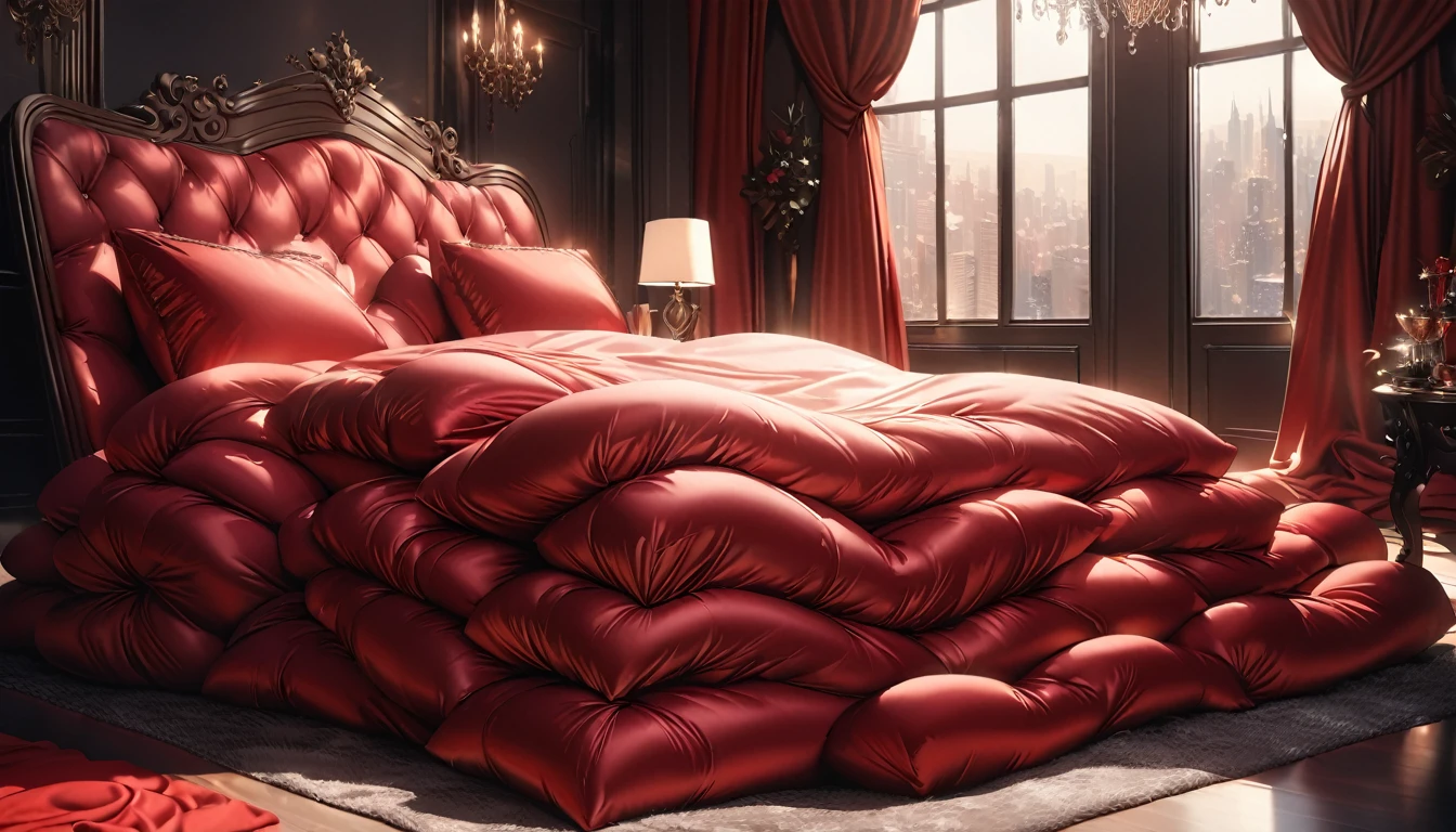 A fluffy red silk feather duvet, many huge silk body pillows, a luxurious and fluffy red silk bed, red silk sheets, 8k, best quality, high detailed, photorealistic, dramatic lighting, warm tones, luxurious, soft, plush, velvet, satin, velvety textures, elegant, sophisticated, premium, lavish, opulent, sumptuous, indulgent, exquisite, refined, lush,