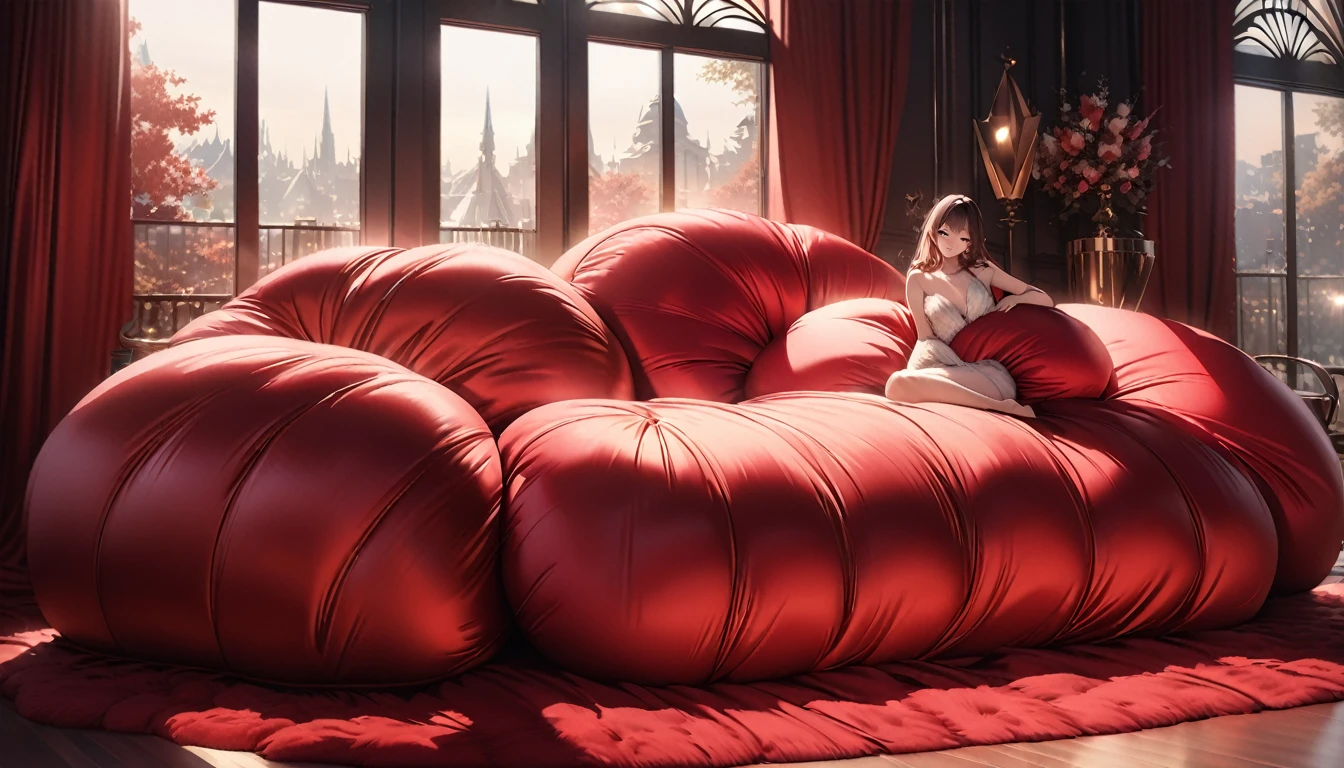 A fluffy red silk feather duvet, many huge silk body pillows, a luxurious and fluffy red silk bed, red silk sheets, 8k, best quality, high detailed, photorealistic, dramatic lighting, warm tones, luxurious, soft, plush, velvet, satin, velvety textures, elegant, sophisticated, premium, lavish, opulent, sumptuous, indulgent, exquisite, refined, lush,