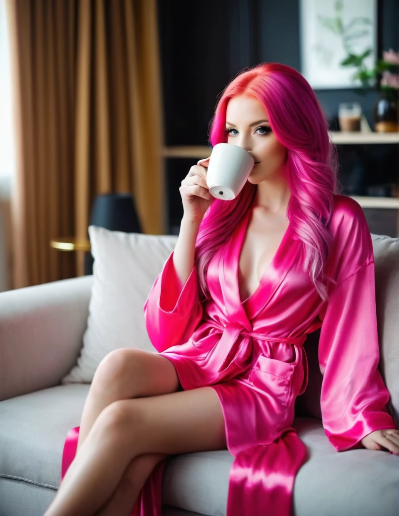 very attractive 25 year old girl with long bright pink hair, wearing a silk bathrobe, drinking coffee, sitting on a sofa in the living room. Photo quality