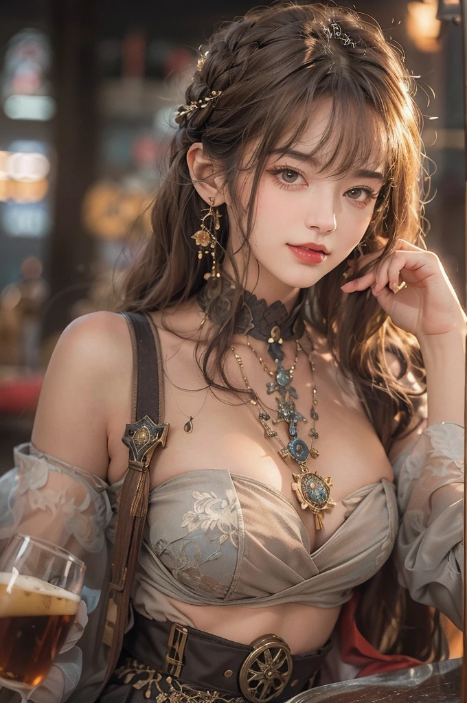 (masterpiece:1.3), (8K, Realistic, RAW Photos, Best image quality: 1.4), Japanese 、18-year-old,(Random Hairstyles:1.2)、Cleavage:1.2、Highly detailed face、Attention to detail、double eyelid、Chest to chest、Sharp focus:1.2、Beautiful woman:1.4、Light brown hair、Highest quality、masterpiece、Ultra-high resolution、(Realistic:1.4)、Highly detailed and professionally lit smiles、Loose fitting steampunk outfit、Shoulder out、thin、Serious expression、drinking beer at bar