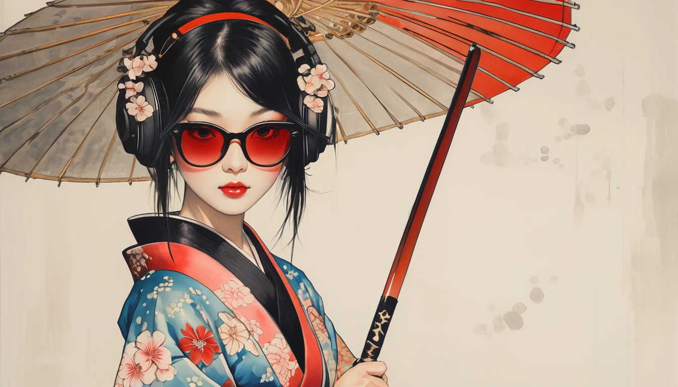 Ink Painting, (((1 girl))), (((Tattoo on face))), (((sunglasses))), (((Gorgeous kimono))), Japanese style headphones, Japanese sword, beautiful girl, Black Hair, Delicate and precise, Modern ukiyo-e style, Maid