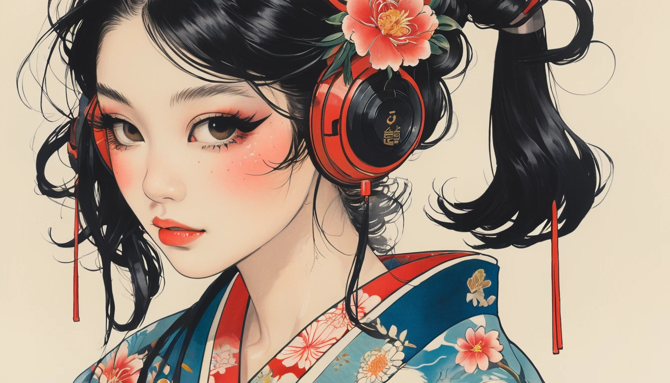 Ink Painting, (((1 girl))), (((Tattoo on face))), (((sunglasses))), (((Gorgeous kimono))), Japanese style headphones, Japanese sword, beautiful girl, Black Hair, Delicate and precise, Modern ukiyo-e style, Maid